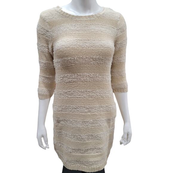 T/O Sweaters Knit Sweater Dress Women Sz M Neutral Taupe Beige 3/4 Sleeve Fuzzy - Picture 3 of 10